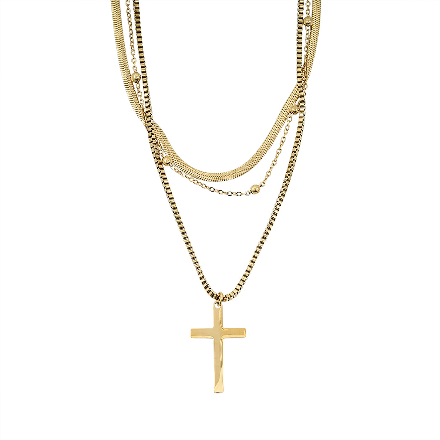 3 Layered Chain Cross Charm Necklace with 2Inch Extender (16, 18