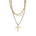 3 Layered Chain Cross Charm Necklace with 2Inch Extender (16, 18 and 22 Inches) in ION Plated YG Stainless Steel - Sticky add to cart bar