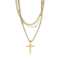 3 Layered Chain Cross Charm Necklace with 2Inch Extender (16, 18 and 22 Inches) in ION Plated YG Stainless Steel