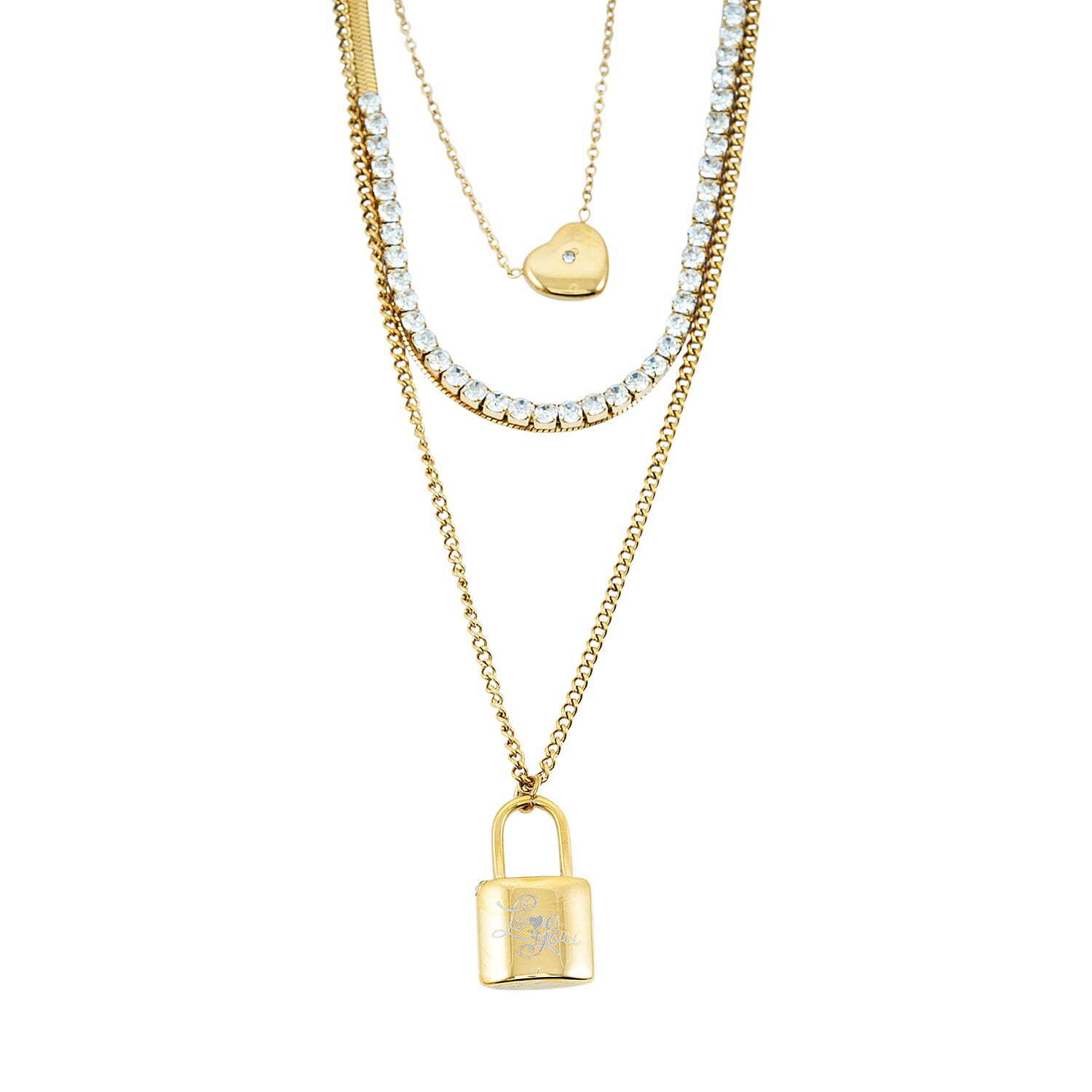 Austrian Crystal 3 Layered Lock and Heart Charm Necklace with 2 Inch Extender (16, 18 and 22 Inches) in ION Plated YG Stainless Steel
