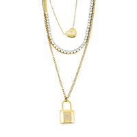 Austrian Crystal 3 Layered Lock and Heart Charm Necklace with 2 Inch Extender (16, 18 and 22 Inches) in ION Plated YG Stainless Steel