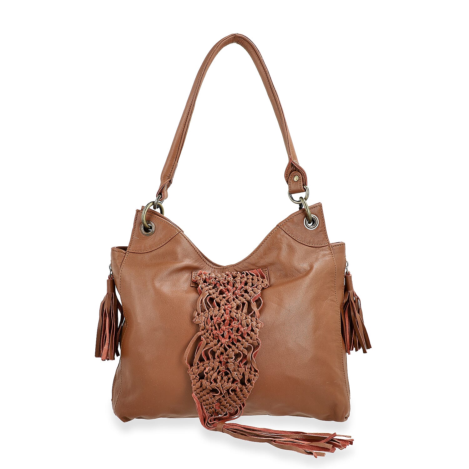 La Marey Brown Genuine Leather Macrame Flap Tote Bag