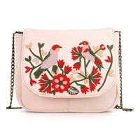 La Marey Light Pink Genuine Leather Sling Bag with Floral Embroidered Flap