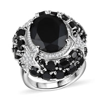 GP Thai Black Spinel and White Zircon 16.10 ctw Ring in Rhodium Over Sterling Silver (Size 10.0)