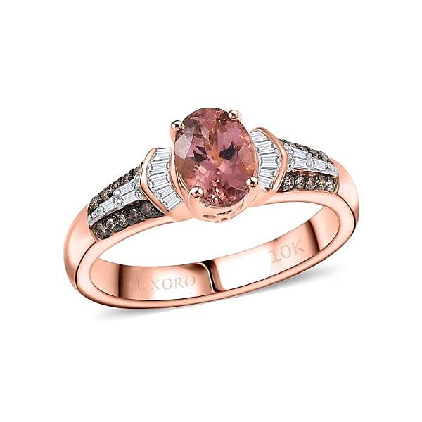 Luxoro 10K Rose Gold Premium Blush Tourmaline, Natural Champagne and White Diamond (I2) Ring (Size 10.0) 1.00 ctw
