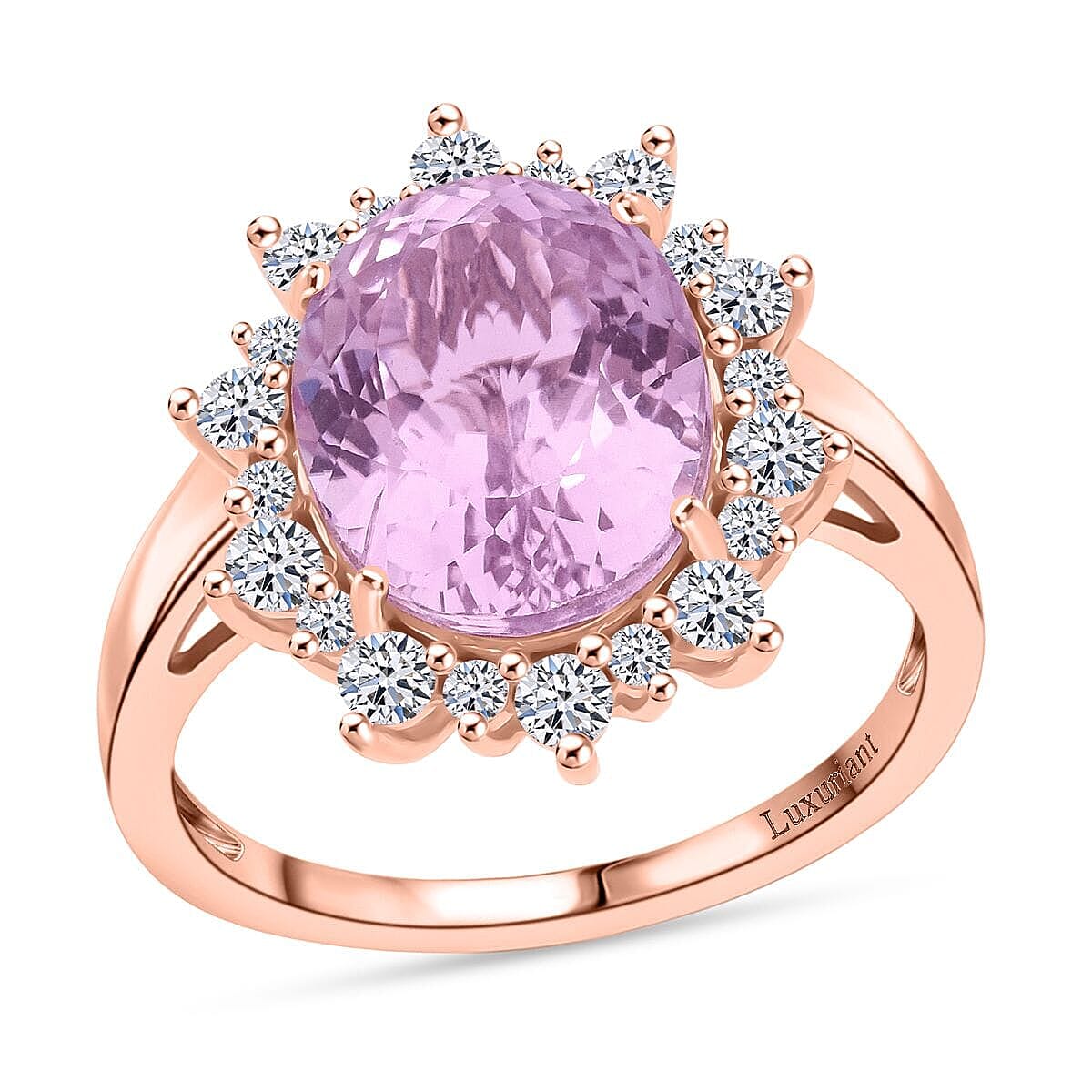 AAA Martha Rocha Kunzite and Luxuriant Lab Grown G-H SI 6.75 ctw Ring in 10K Rose Gold (Size 10.0)