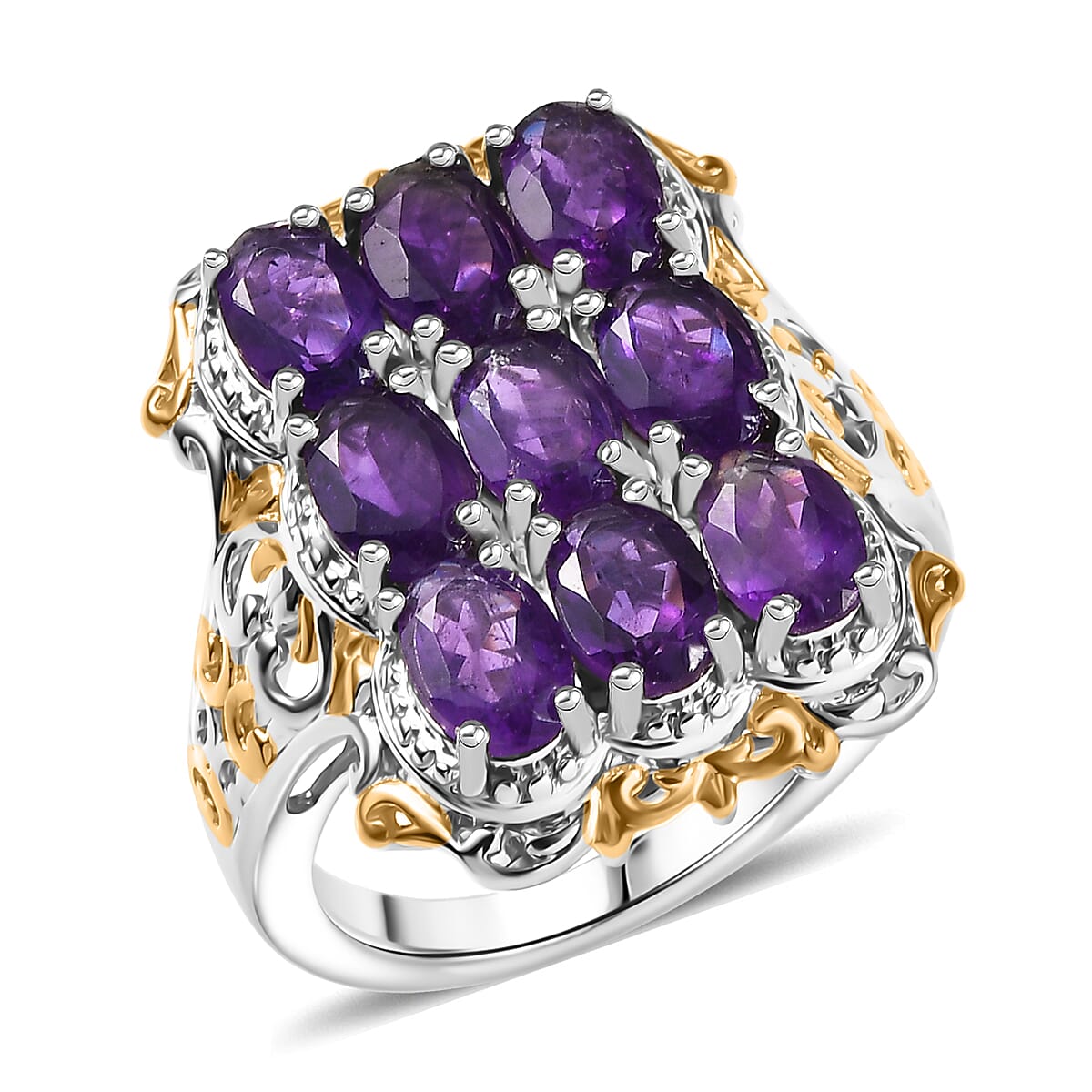 EverTrue African Amethyst  Cluster Ring 18K YG Plated and Platinum Bond (Size 10.0) 3.69 ctw