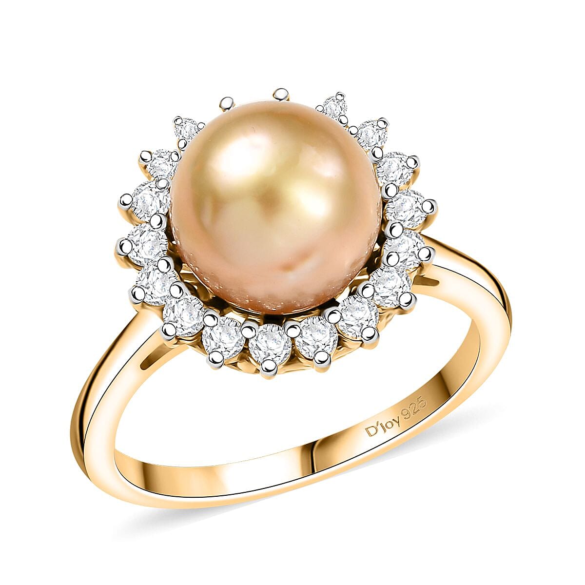 D'Joy South Sea Golden Pearl 9-11mm, Moissanite Sunburst Ring in 18K Vermeil YG Over Sterling Silver (Size 10.0) 0.55 ctw