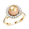 D'Joy South Sea Golden Pearl 9-11mm, Moissanite Sunburst Ring in 18K Vermeil YG Over Sterling Silver (Size 10.0) 0.55 ctw - Sticky add to cart bar