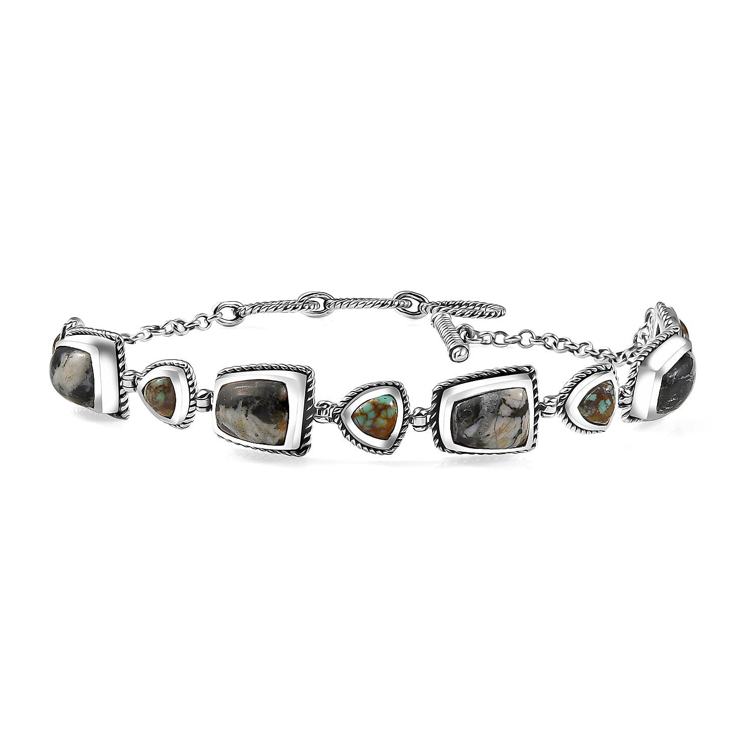 D'Joy Artisan Crafted White Buffalo and Blue Ho9rizon Turquoise 11.70 ctw Bracelet in Sterling Silver (6.50-8.0In)