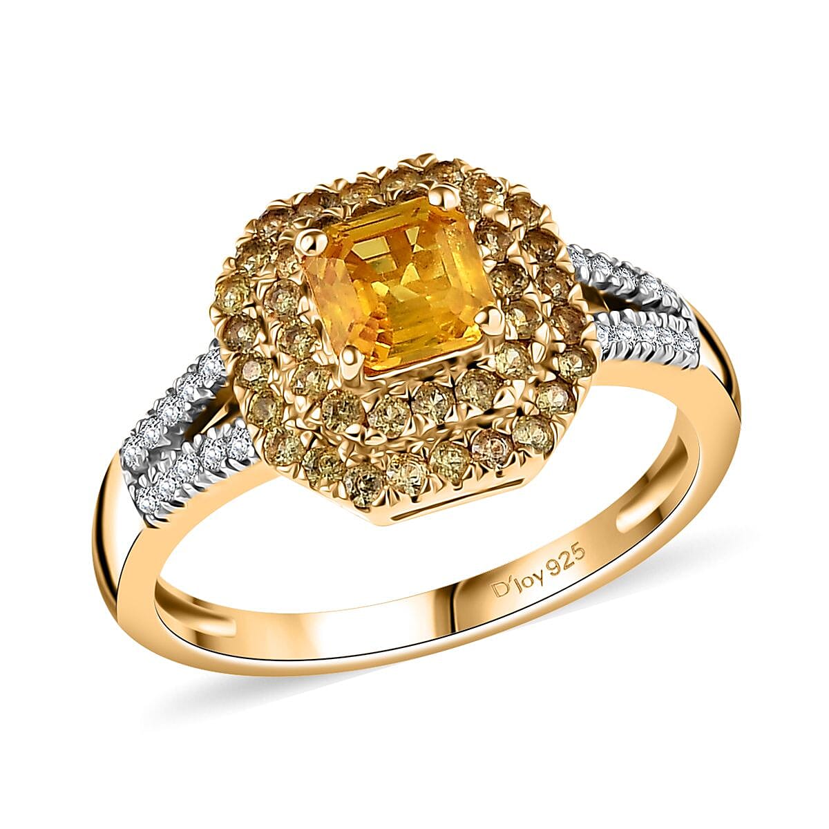 D'Joy Asscher Cut Madagascar Yellow Sapphire, Moissanite Ring in 18K Vermeil YG Over Sterling Silver (Size 10.0) 1.60 ctw