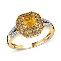 D'Joy Asscher Cut Madagascar Yellow Sapphire, Moissanite Ring in 18K Vermeil YG Over Sterling Silver (Size 10.0) 1.60 ctw