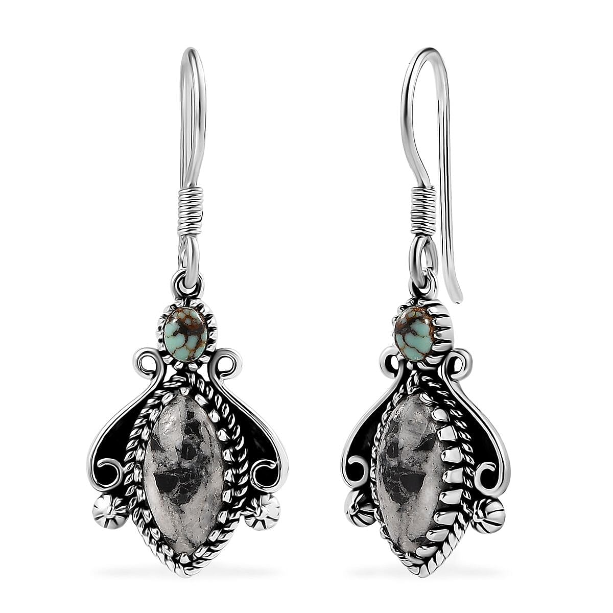 D'Joy Artisan Crafted White Buffalo and Blue Horizon Turquoise 4.20 ctw Earrings in Sterling Silver