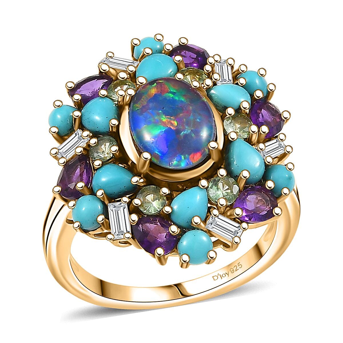 D'Joy Elysian Opal (Triplet) and Multi Gemstone 4.50 ctw Ring in 18K Vermeil Yellow Gold Over Sterling Silver (Size 10.0)