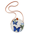 Tamsy Handmade White Round Shape Rattan Crossbody Bag with Blue Butterfly Printed Motif (7.87"x 7.87"x2.75") - Sticky add to cart bar