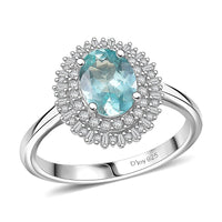 D’Joy Lagoon Apatite, Diamond (0.36 cts) Ring in Rhodium Over Sterling Silver (Size 10.0) 1.55 ctw