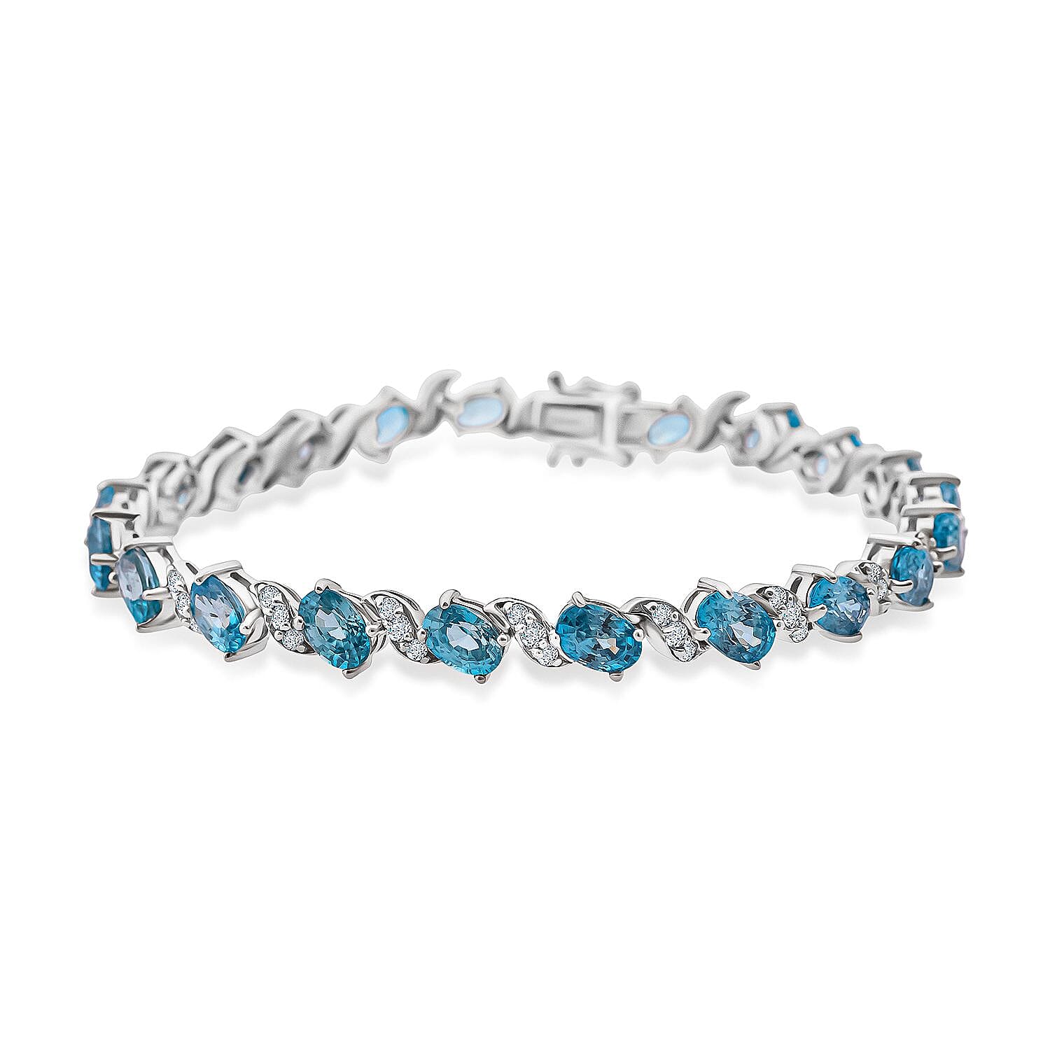D'Joy Premium Blue Zircon, Moissanite Bracelet in Rhodium Over Sterling Silver (6.50 In) 15.50 ctw
