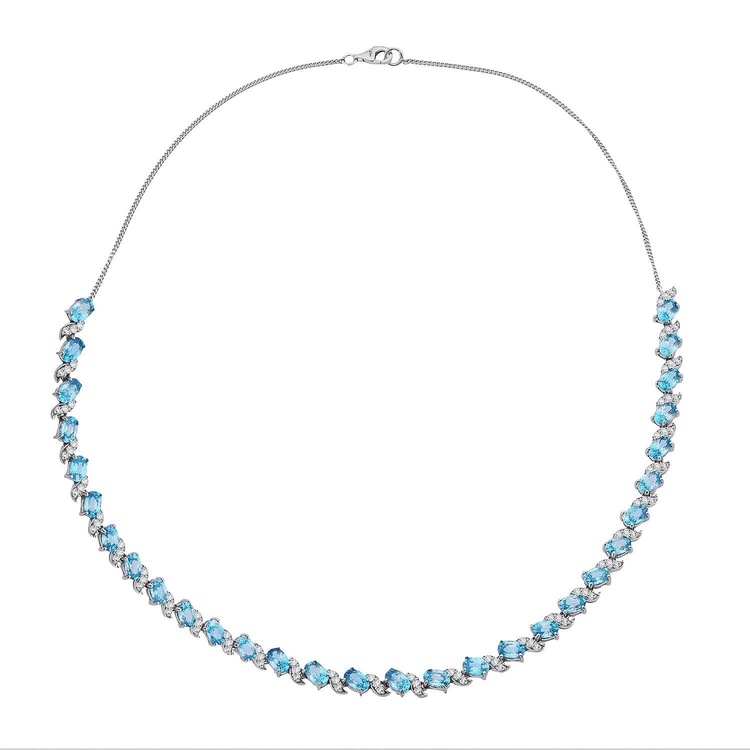 D'Joy Premium Cambodian Blue Zircon and Moissanite 24.90 ctw Whispers in Blue Necklace in Rhodium Over Sterling Silver 18 Inches