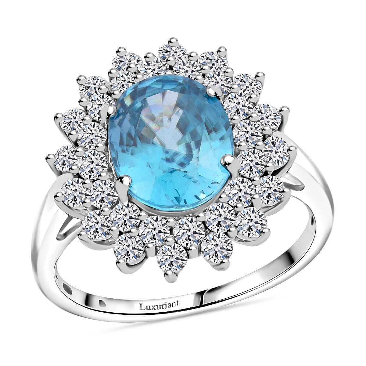 AAA Cambodian Blue Zircon and G-H SI Luxuriant Lab Grown Diamond 5.30 ctw Ring in 10K White Gold (Size 10.0)