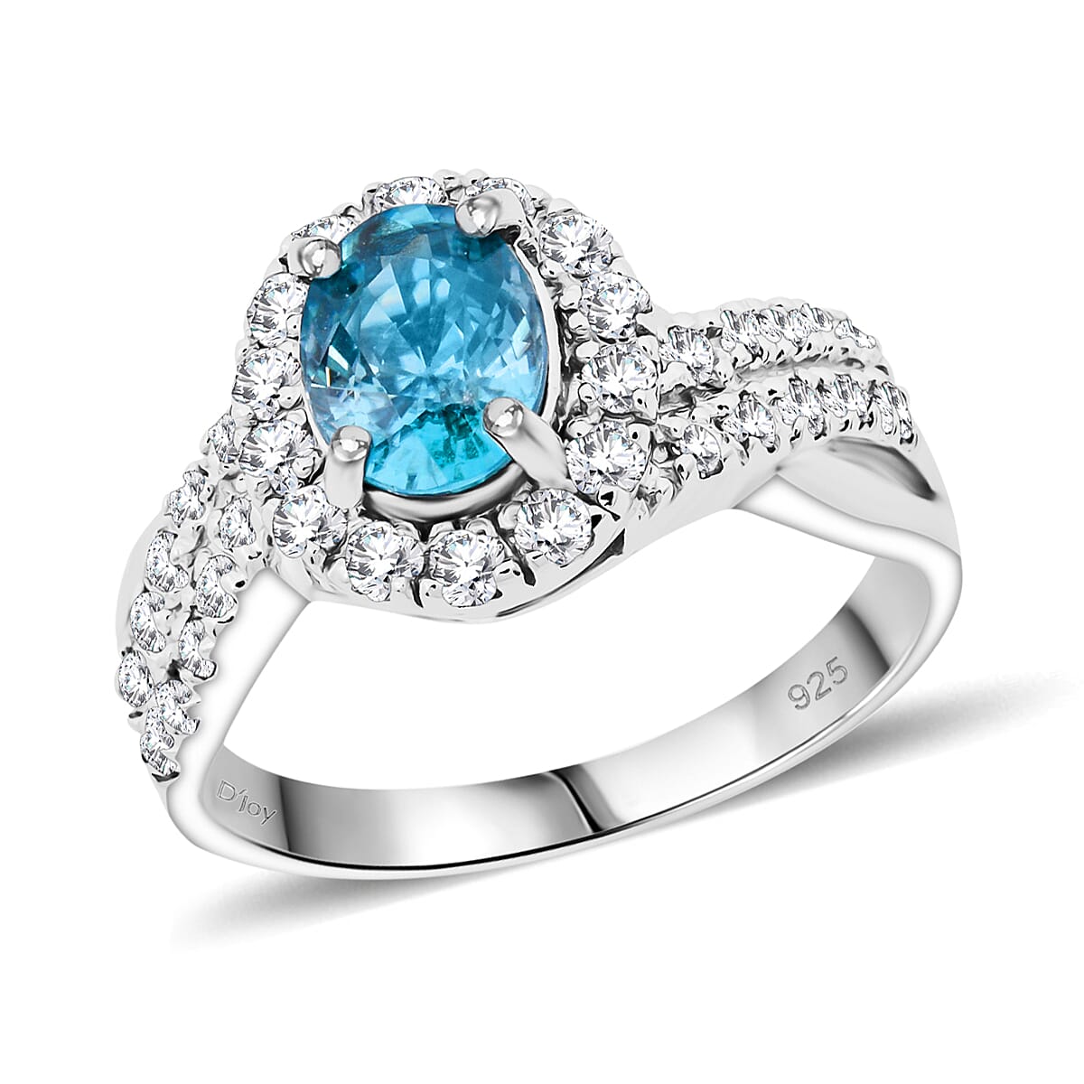 D'Joy Cambodian Blue Zircon, White Zircon Tide Embrance Ring in Rhodium Over Sterling Silver (Size 10.0) 2.90 ctw