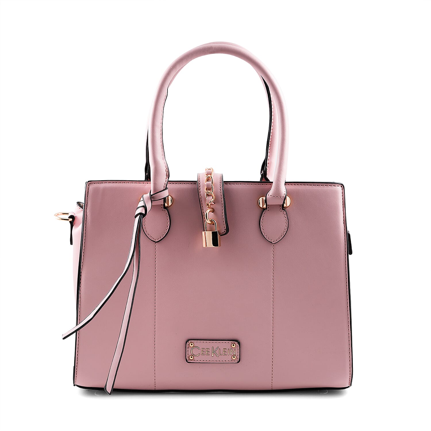 Cee Klein Blush Faux Leather Satchel Bag with Chain & Lock Detail