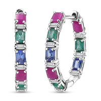D’Joy Premium Kagem Zambian Emerald, Moissanite Hoop Earrings in Rhodium Over Sterling Silver 4.00 ctw