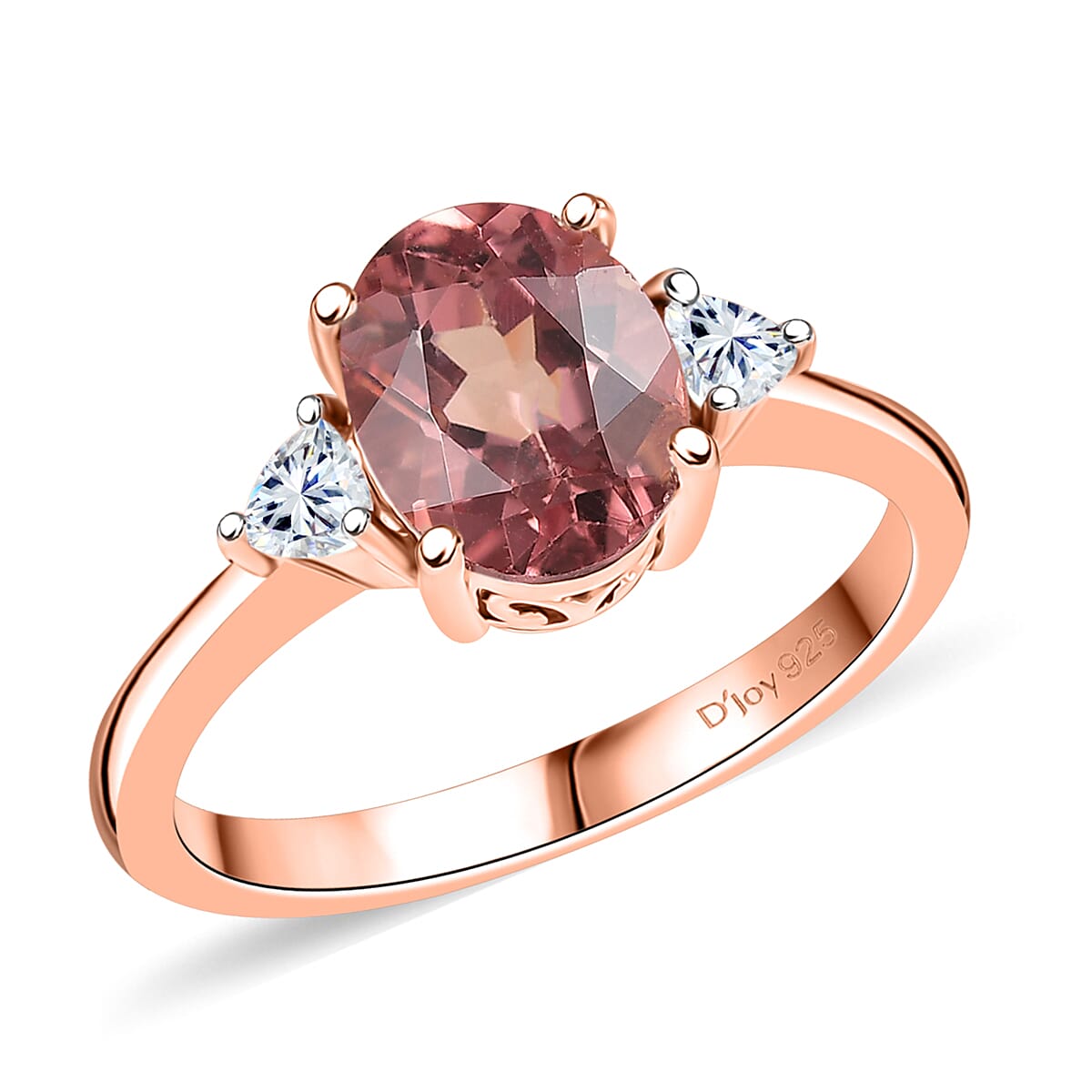 D’Joy Red Apatite, Moissanite 3 Stone Ring in 18K Vermeil RG Over Sterling Silver (Size 10.0) 2.25 ctw