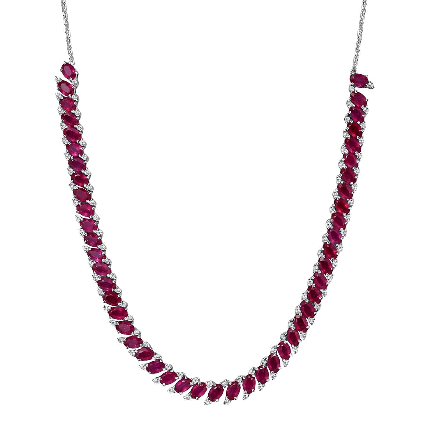 D'Joy Niassa Ruby (FF) and White Zircon 34.30 ctw Crimson Elegance Necklace 18 Inches in Rhodium Over Sterling Silver