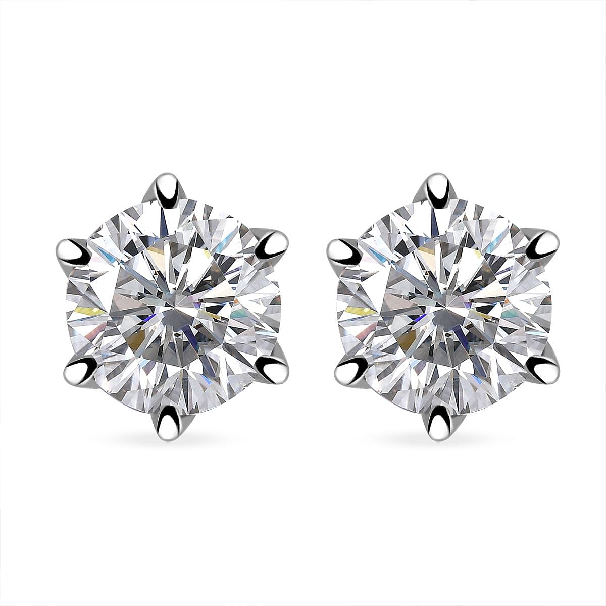 D'Joy Heart and Arrow Cut 161 Facets Moissanite 1.90 ctw Solitaire Stud Earrings in Rhodium OverSterling Silver