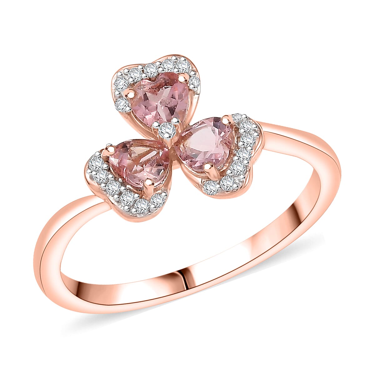 D'Joy Premium Blush Tourmaline, White Zircon Ring in 18K Vermeil RG Over Sterling Silver (Size 10.0) 1.00 ctw