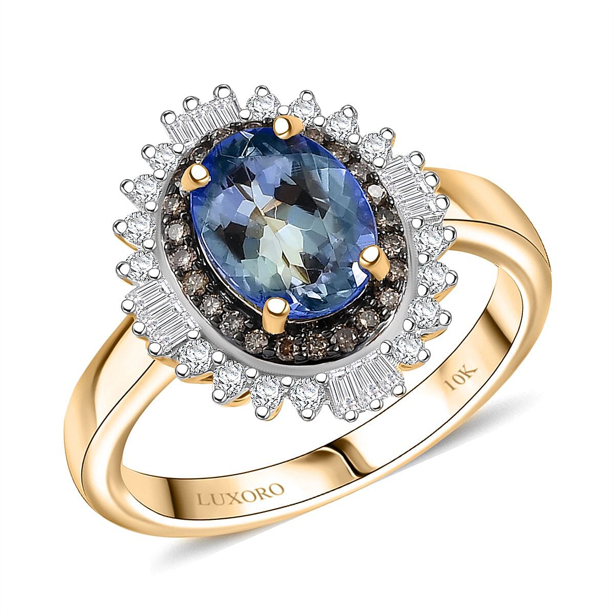 Luxoro 10K Yellow Gold AAA Peacock Tanzanite, Natural Champagne and White Diamond (I2) Ring (Size 10.0) 2.15 ctw