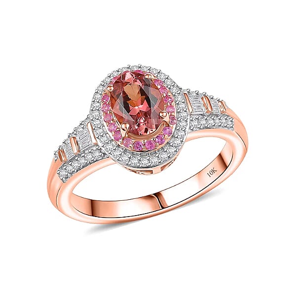 Luxoro 10K Rose Gold AAA Blush Tourmaline, Pink Sapphire, Diamond (I2) (0.30 cts) Ring (Size 11.5) 1.15 ctw