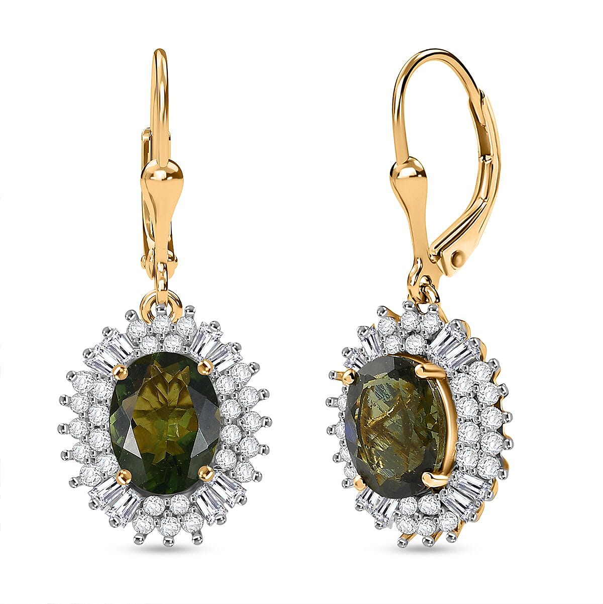 D'Joy Bohemian Moldavite and Moissanite 4.30 ctw Earrings in 18K Vermeil Yellow Gold Over Sterling Silver