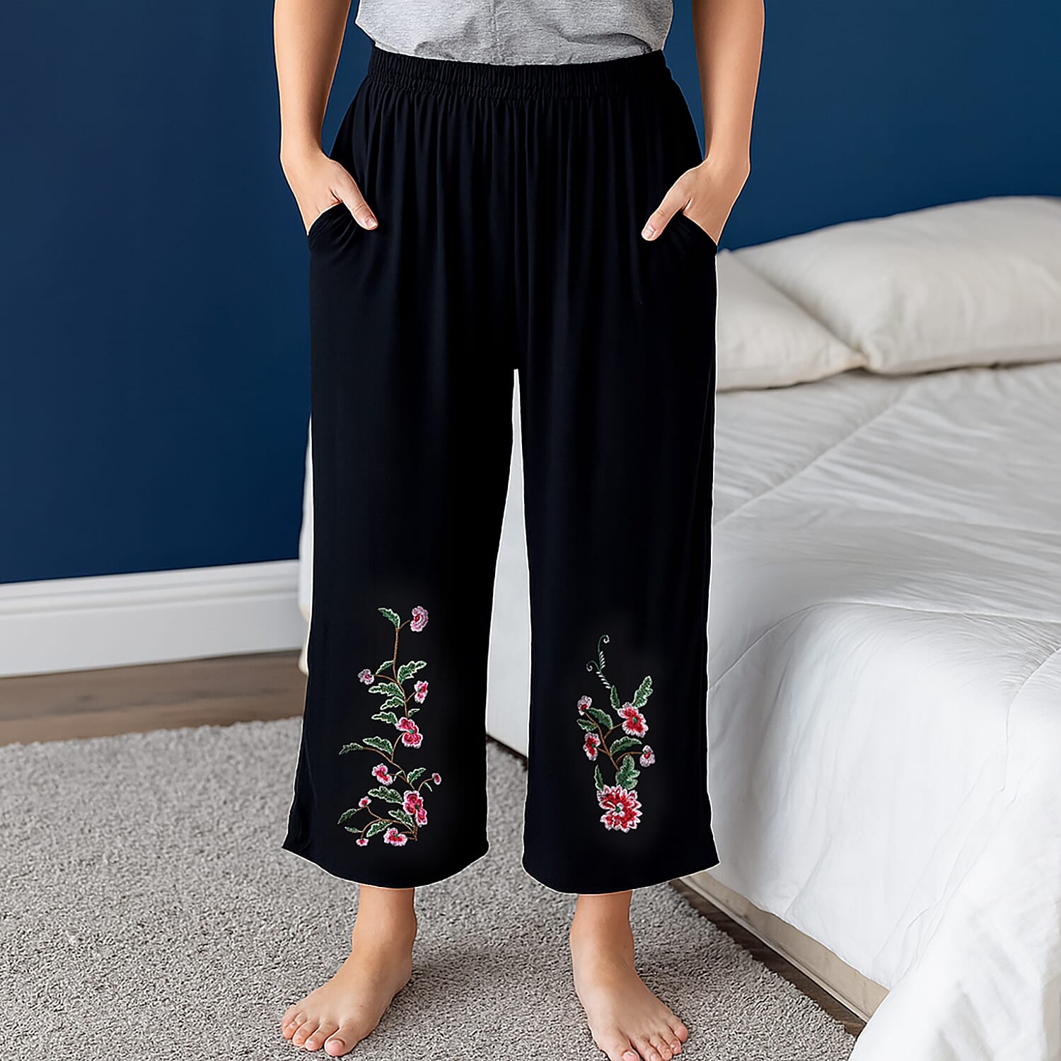 TAMSY Black Floral Embroidered Lunge Pant with Two Pockets – One Size Fits Most