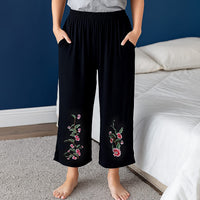 TAMSY Black Floral Embroidered Lunge Pant with Two Pockets – One Size Fits Most