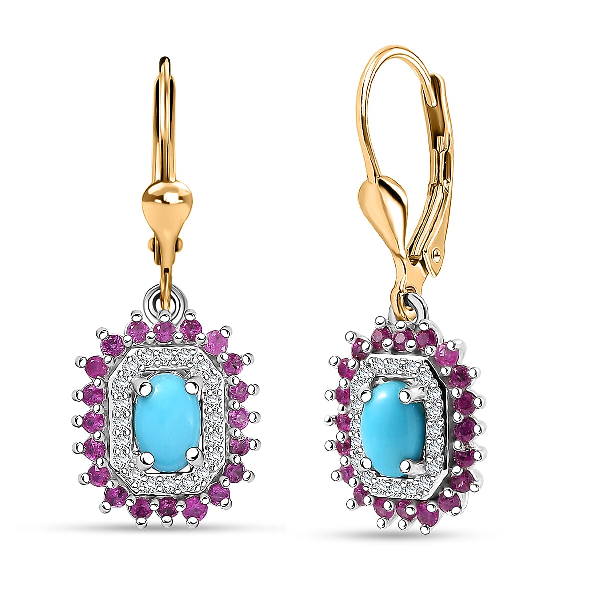 D'Joy Sleeping Beauty Turquoise and Multi Gemstone 2.00 ctw Lever Back Earrings in 18K Vermeil YG and Rhodium Over Sterling Silver