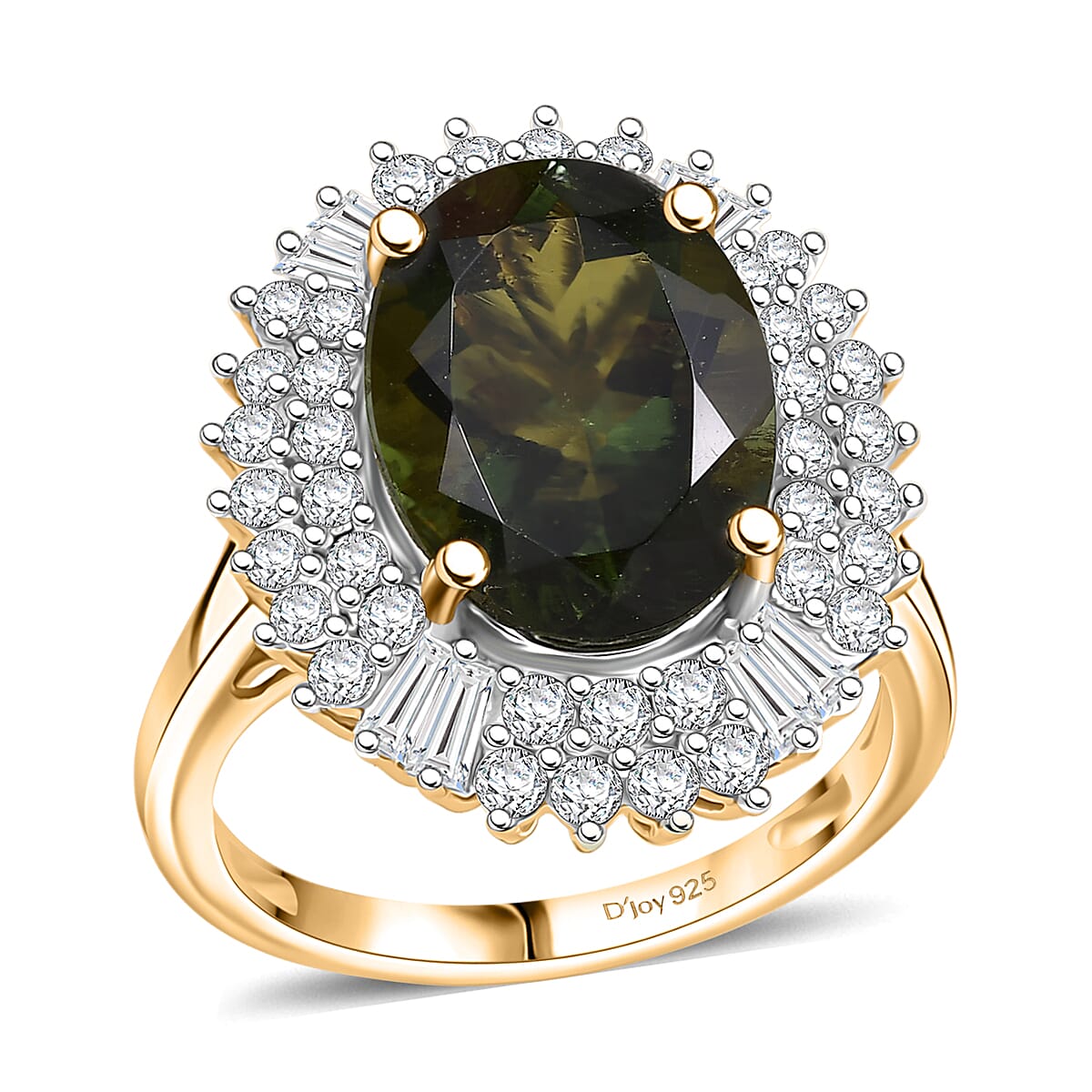 D’Joy Bohemian Moldavite, Moissanite Ring in 18K Vermeil YG Over Sterling Silver (Size 10.0) 6.00 ctw
