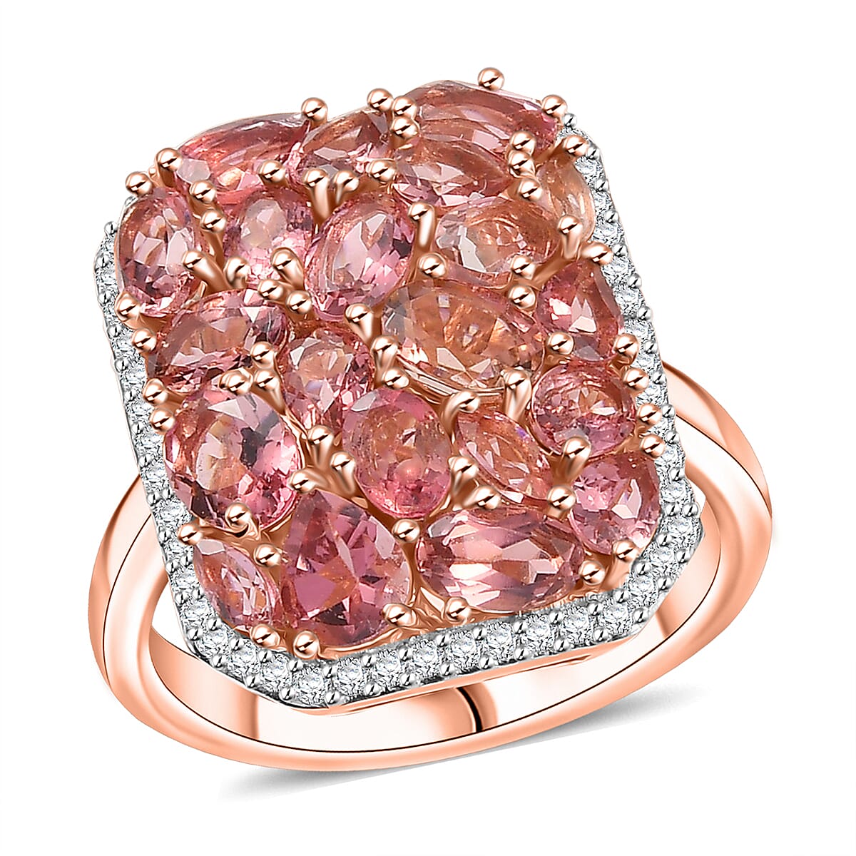 D'Joy Premium Blush Tourmaline, White Zircon Ring in 18K Vermeil RG Over Sterling Silver (Size 10.0) 4.40 ctw