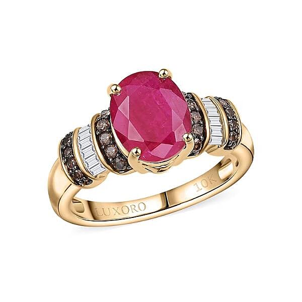 Luxoro 10K Yellow Gold AAA Mozambique Ruby,  Natural Champagne and White Diamond (I2) (0.22 cts) Heirloom Floral Blaze Ring (Size 10.0) 3.05 ctw