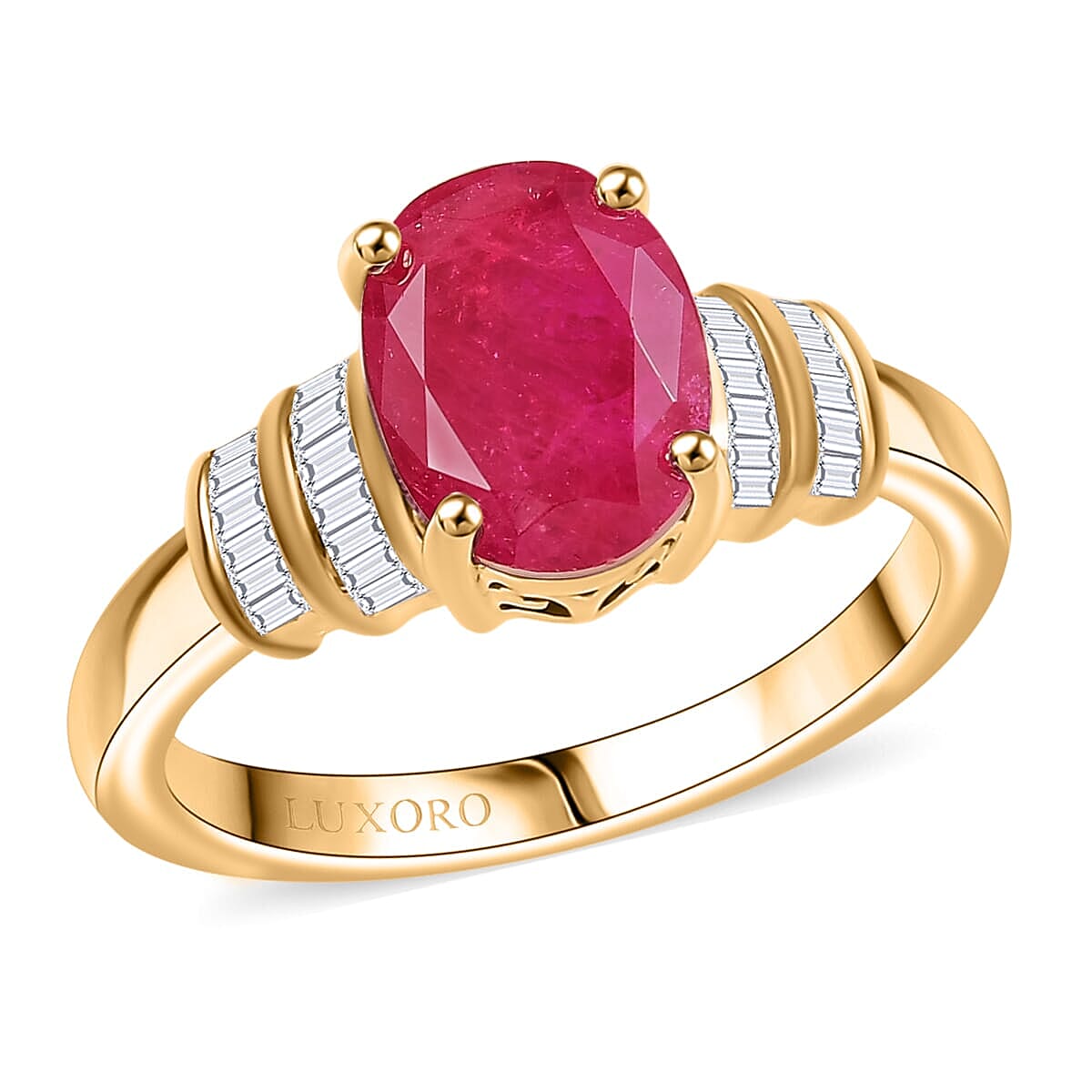 Luxoro Premium Montepuez Ruby and I2 Diamond 2.80 ctw Dynasty Deco Ring in 10K Yellow Gold