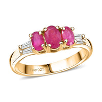 D'Joy Premium Montepuez Ruby and Moissanite 1.30 ctw Royal Trilogy Ring in 18K Vermeil Yellow Gold Over Sterling Silver