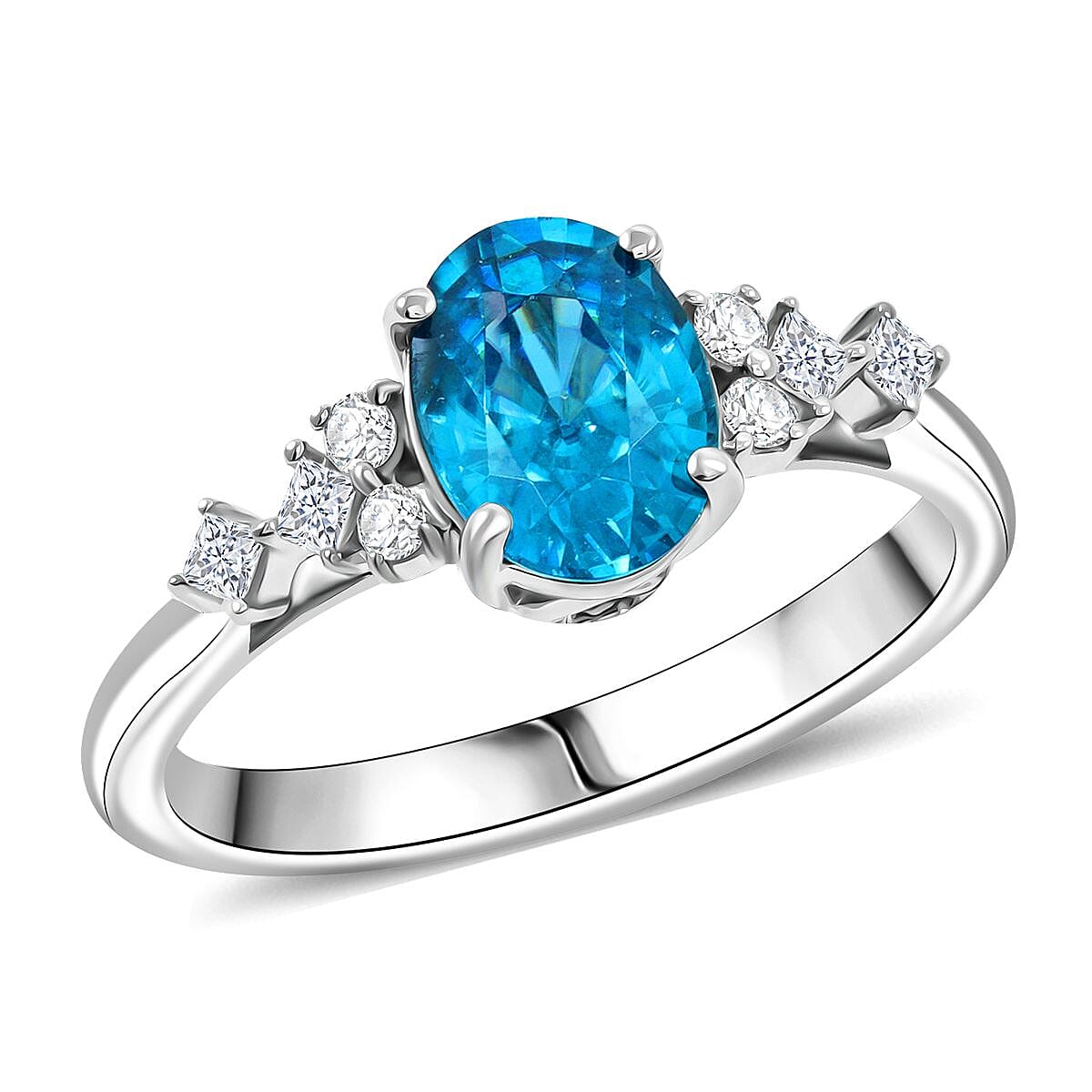 Luxoro AAA Cambodian Blue Zircon and G-H I2 Diamond 2.00 ctw Ring in 14K White Gold (Size 10.0)