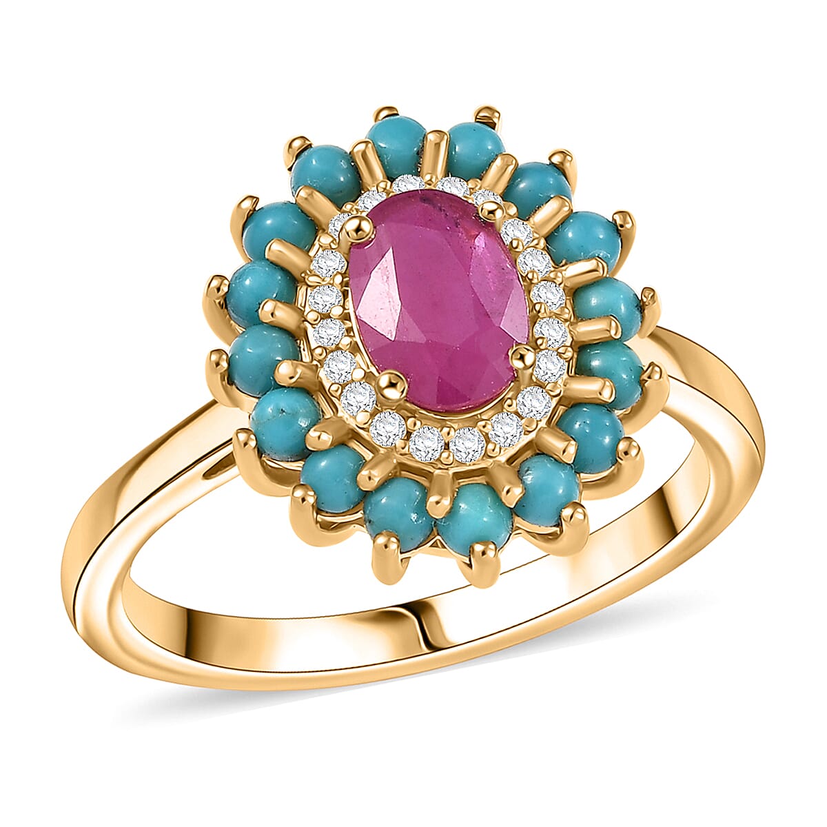 D'Joy Premium Montepuez Ruby and Multi Gemstone 1.80 ctw Royal Bloom Ring in 18K Vermeil Yellow Gold Over Sterling Silver