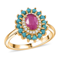 D'Joy Premium Montepuez Ruby and Multi Gemstone 1.80 ctw Royal Bloom Ring in 18K Vermeil Yellow Gold Over Sterling Silver