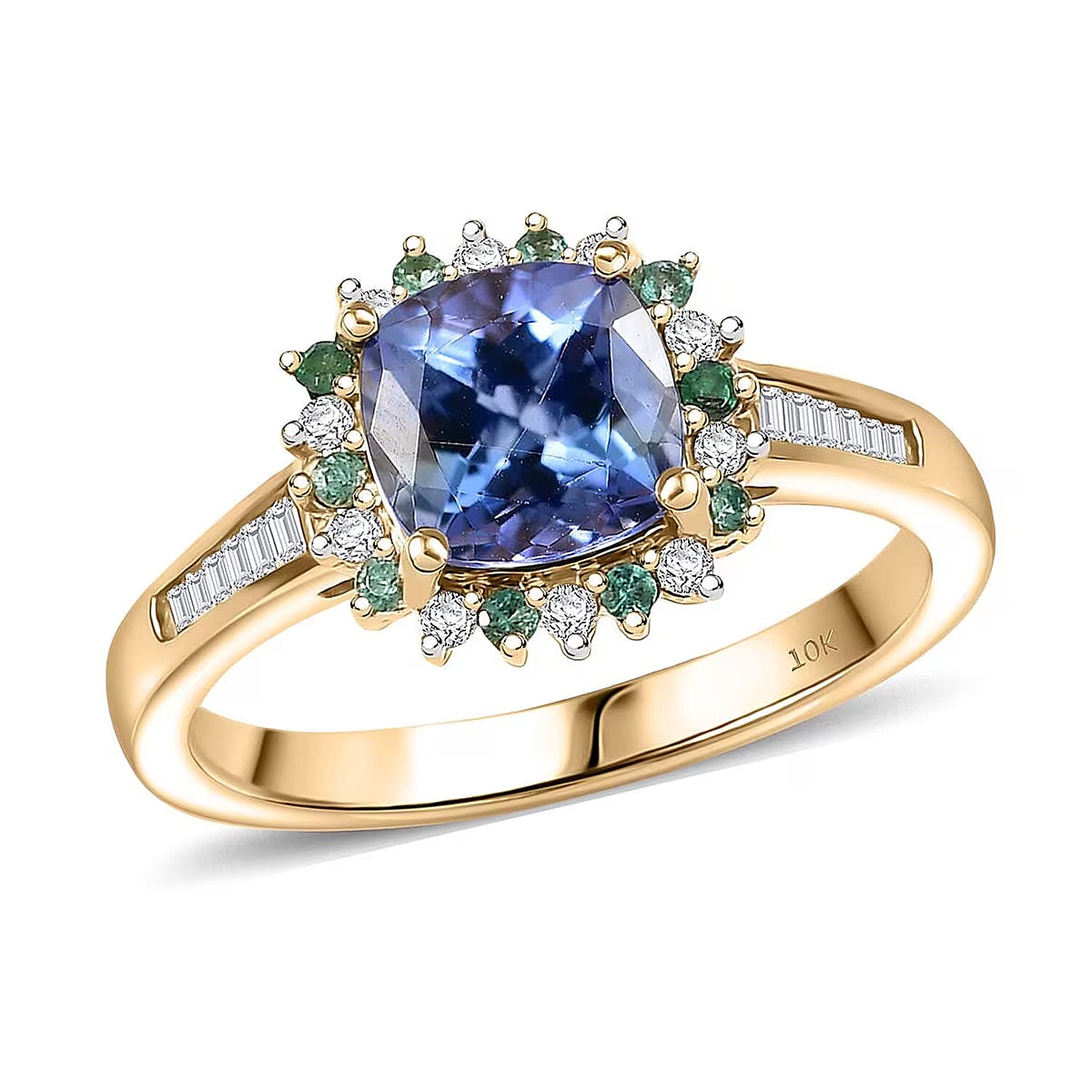 Luxoro 10K Yellow Gold AAA Peacock Tanzanite, Boyaca Colombian Emerald and Diamond (G-H, I2) (0.19 cts) Ring (Size 10.0) 1.90 ctw