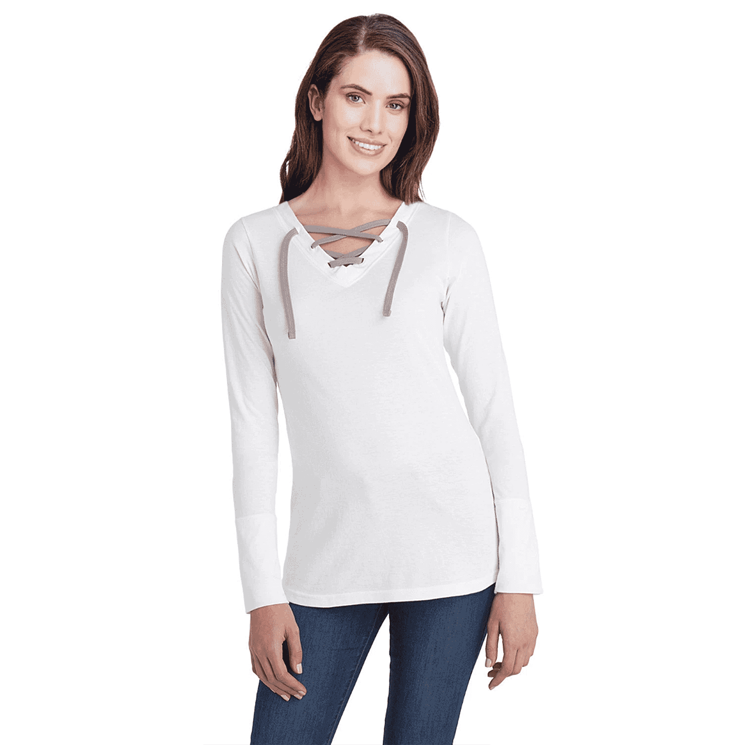 LAT White Long Sleeve Lace-Up Cotton Blend Fine Jersey Tee - L