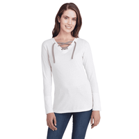 LAT White Long Sleeve Lace-Up Cotton Blend Fine Jersey Tee - L
