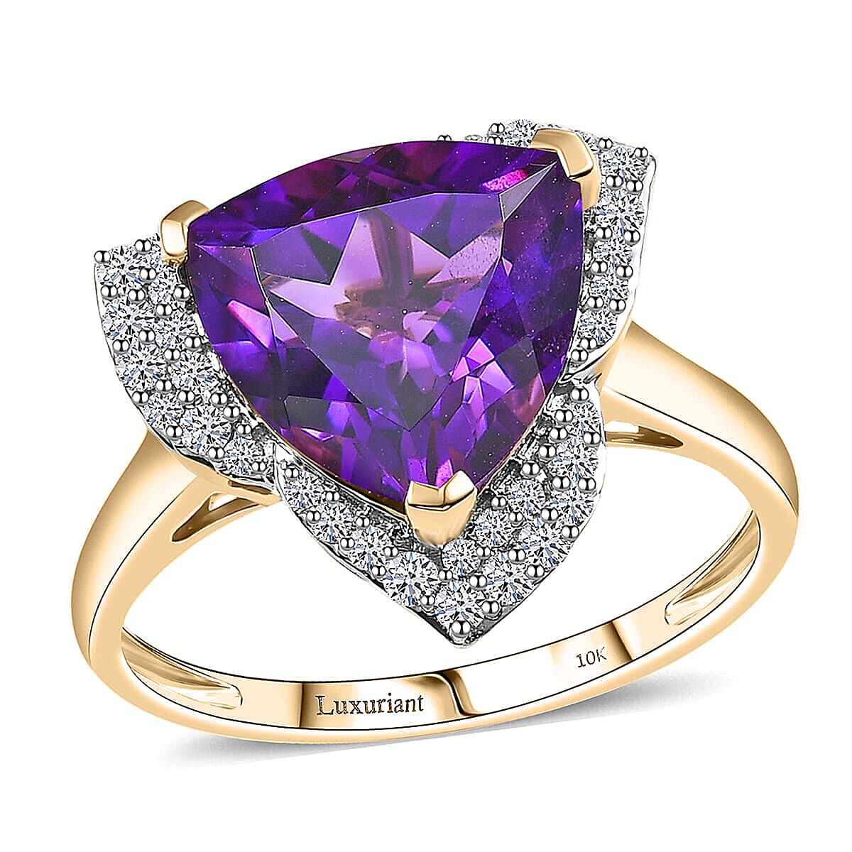 Royal Zambian Twilight 10K Yellow Gold AAA Amethyst, Luxuriant Lab Grown Diamond (G-H, SI) (0.46 cts) Ring 6.02 ctw
