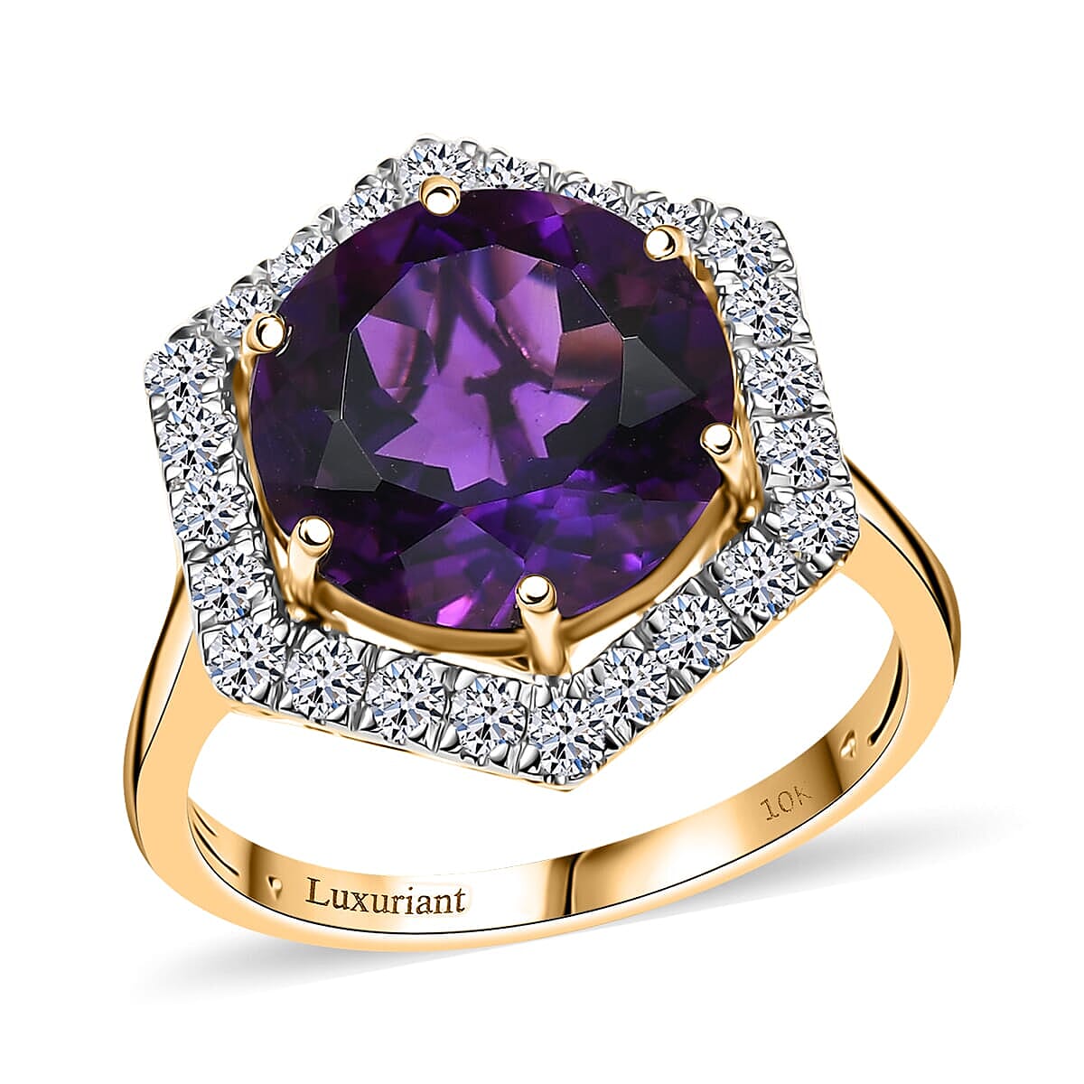 Royal Zambian Twilight 10K Yellow Gold AAA Amethyst, Luxuriant Lab Grown Diamond (G-H, SI) (0.74 cts) Ring 7.14 ctw