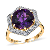 Royal Zambian Twilight 10K Yellow Gold AAA Amethyst, Luxuriant Lab Grown Diamond (G-H, SI) (0.74 cts) Ring 7.14 ctw